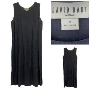 Vintage 90's David Dart Plus Sz 1X Black Linen Maxi Tank Dress Pickstitch Detail